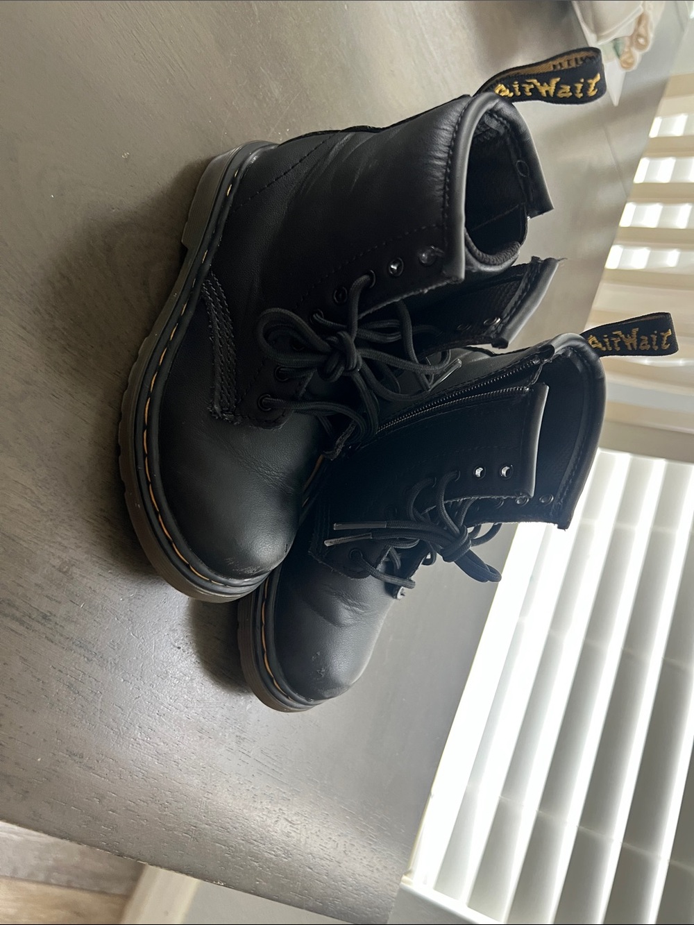 Dr. Martens Black Leather Lace-Up Ankle Boots with Yellow Stitching